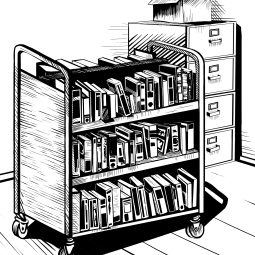 B&W illustration of a library book cart